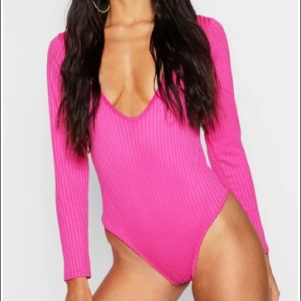 Boohoo Jumbo Rib Neon Plunge Bodysuit